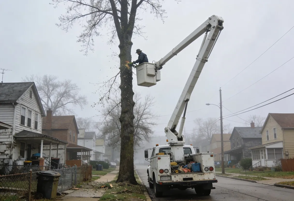 Tree crew working from a bucket truck in Fort Wayne