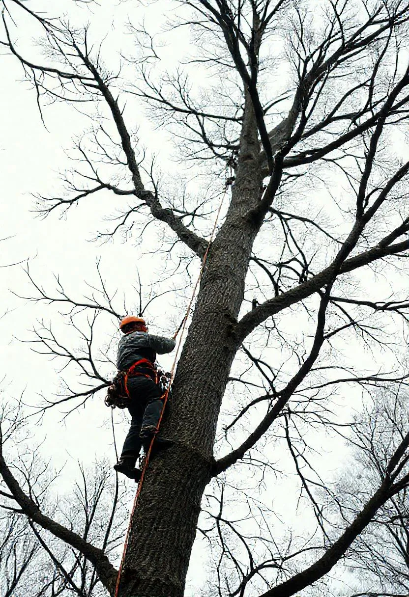 Arborist climbing with ropes to prune a large tree