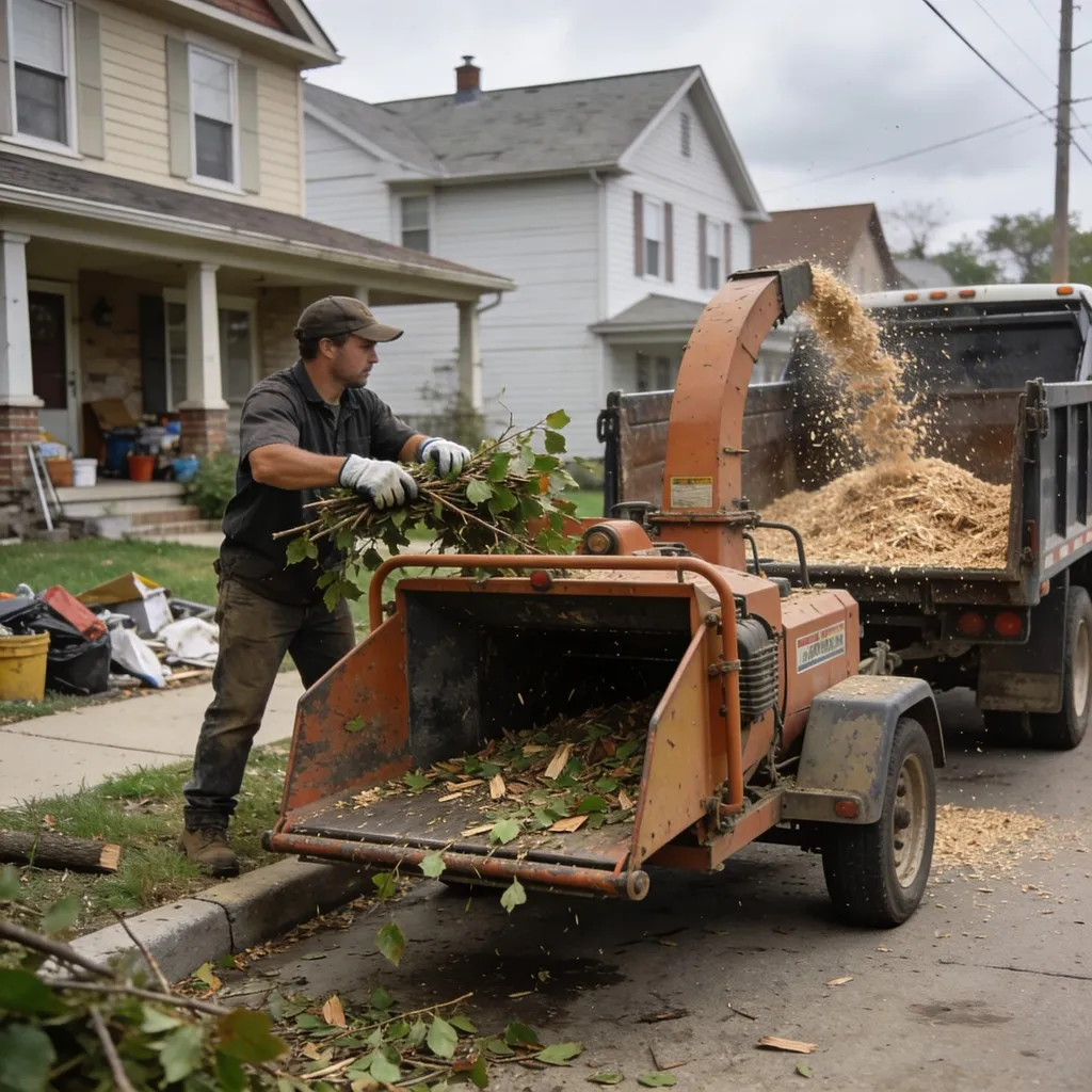 Brush being fed into a wood chipper during cleanup